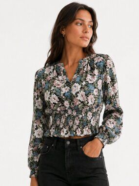 EN SAISON FLORAL CHIFFON SMOCKED WAIST LONG PUFFY SLEEVES BLOUSE - XS